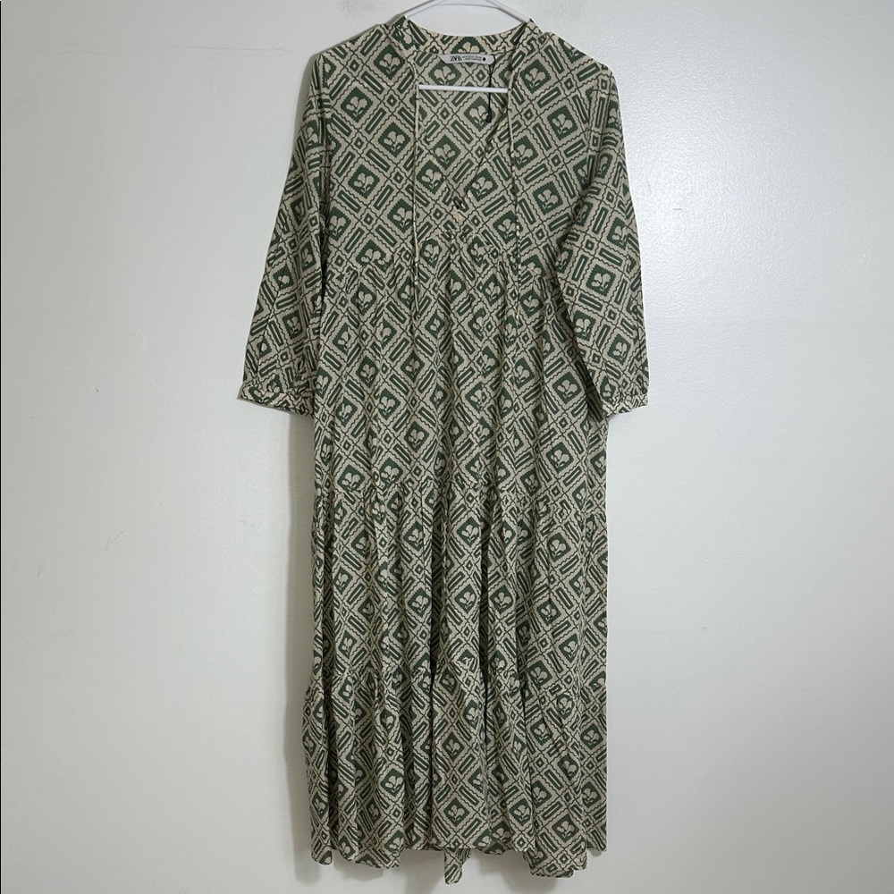 Zara Cotton Geometric Patterned Green Dress